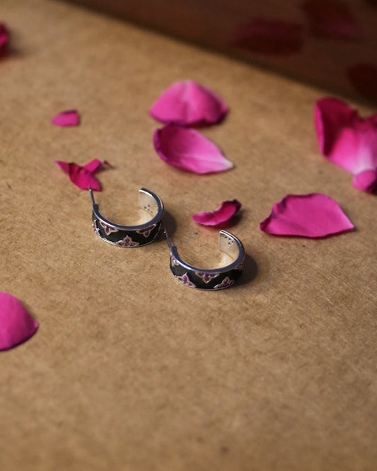 Black Enamel CZ Semi Hoop Earrings
