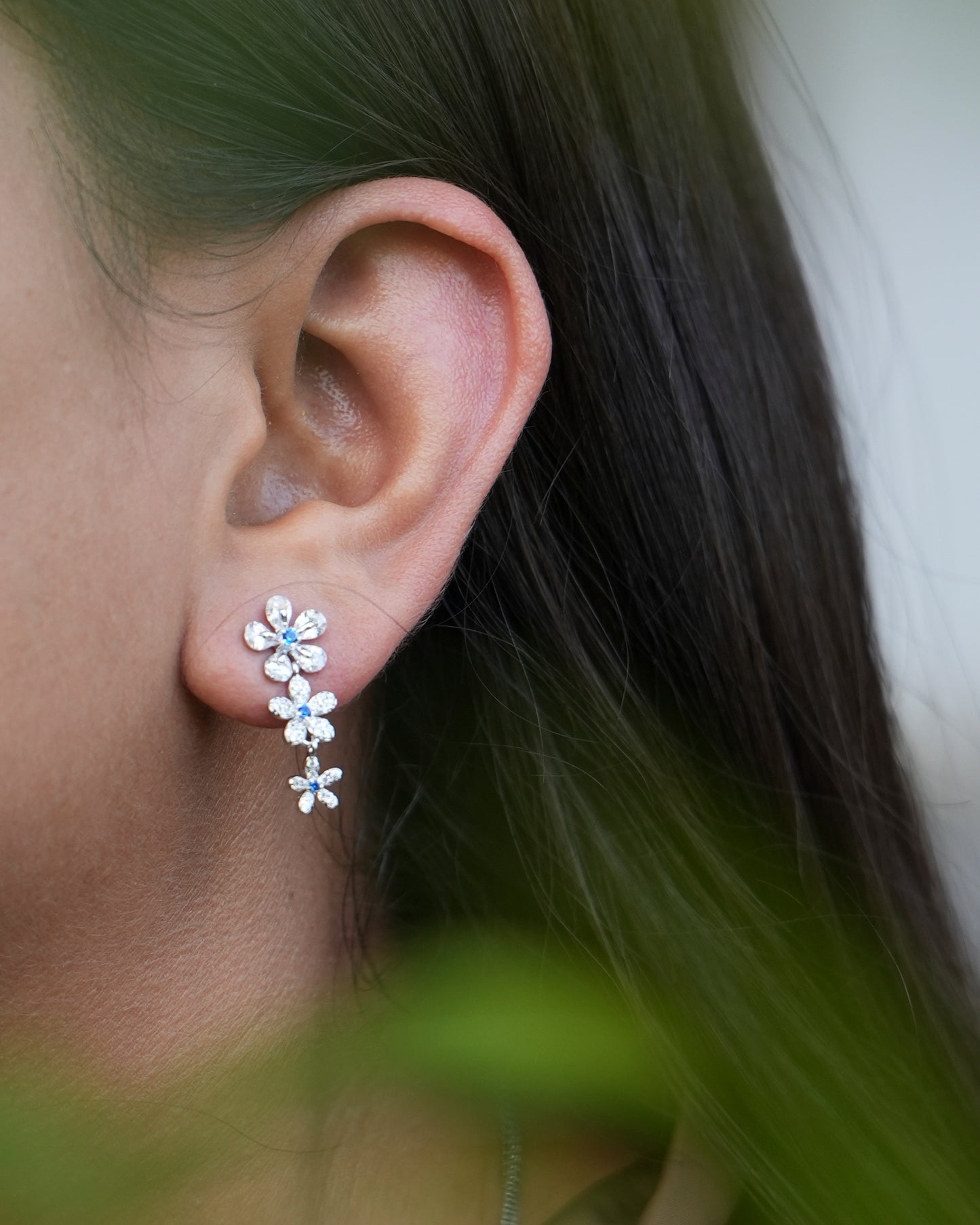 Dainty Three Flower CZ Drop Earrings