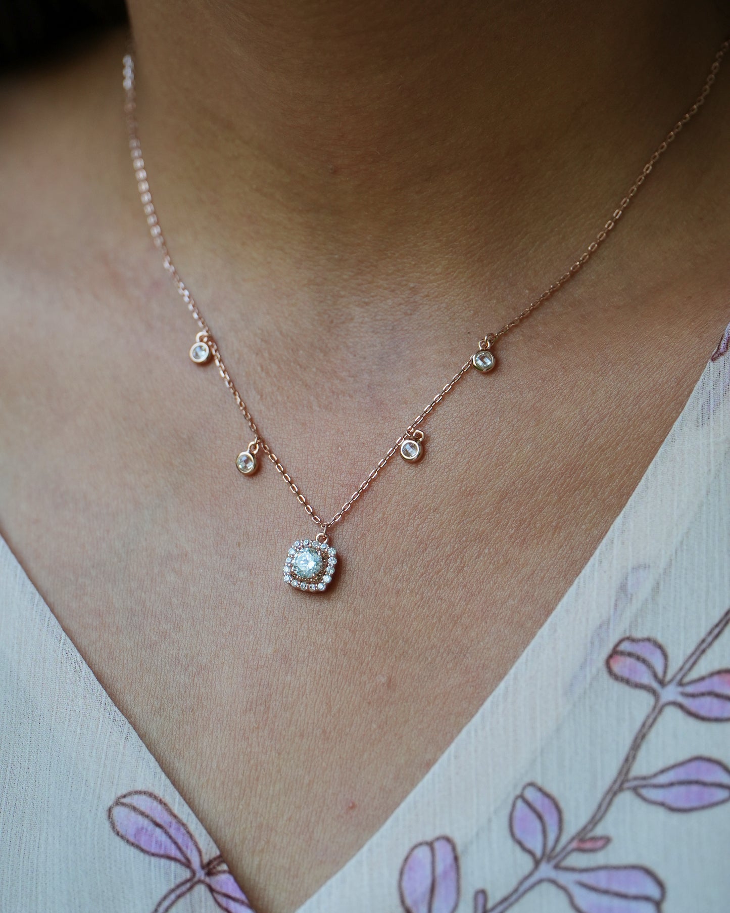 Dainty Rose Gold Plated CZ Chain Pendent Set