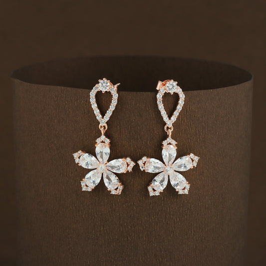 Rose Gold CZ Flower Drop Earrings