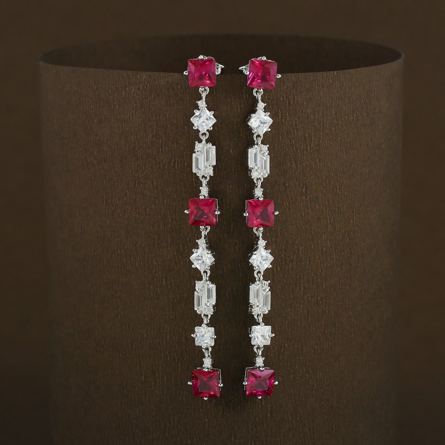 Linear Pink & White CZ Diamond Earrings