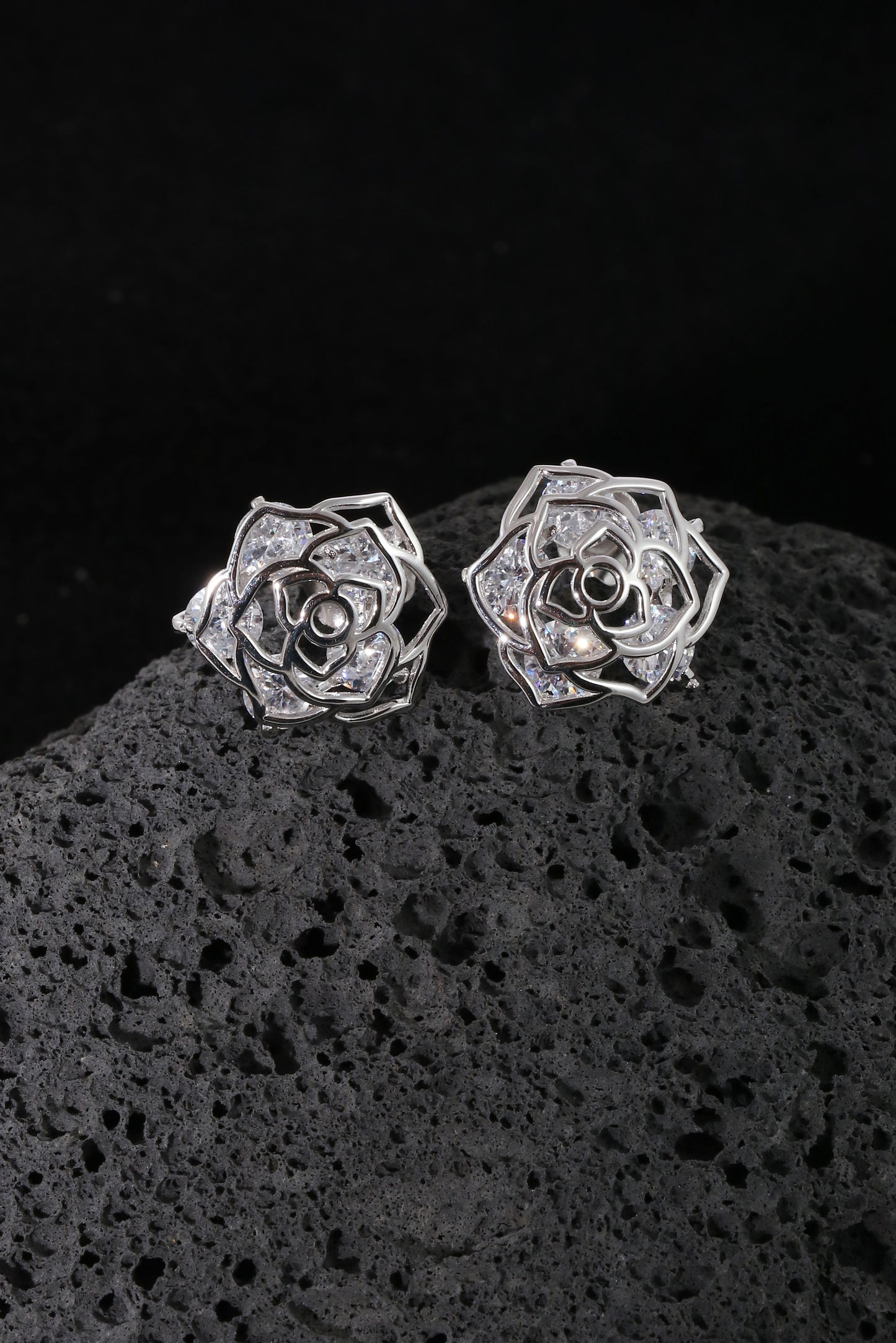 Rose Pattern CZ Crystal Stud Earrings