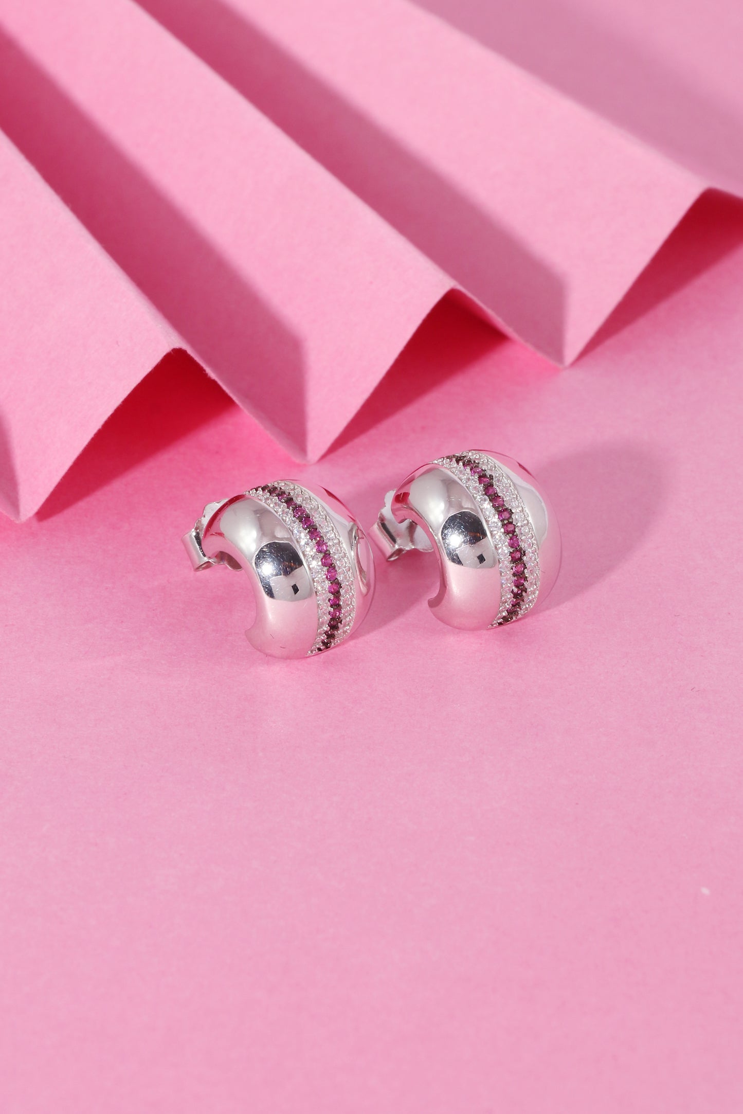 Mettalic Pink CZ Semi Hoop Earrings