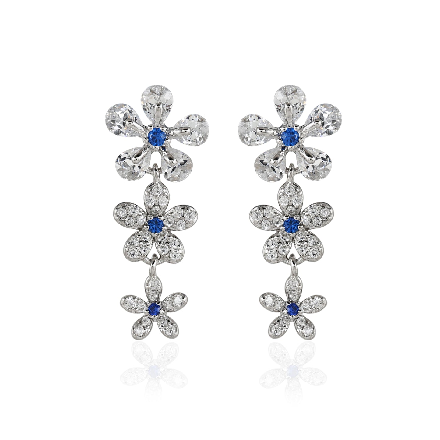 Dainty Three Flower CZ Drop Earrings