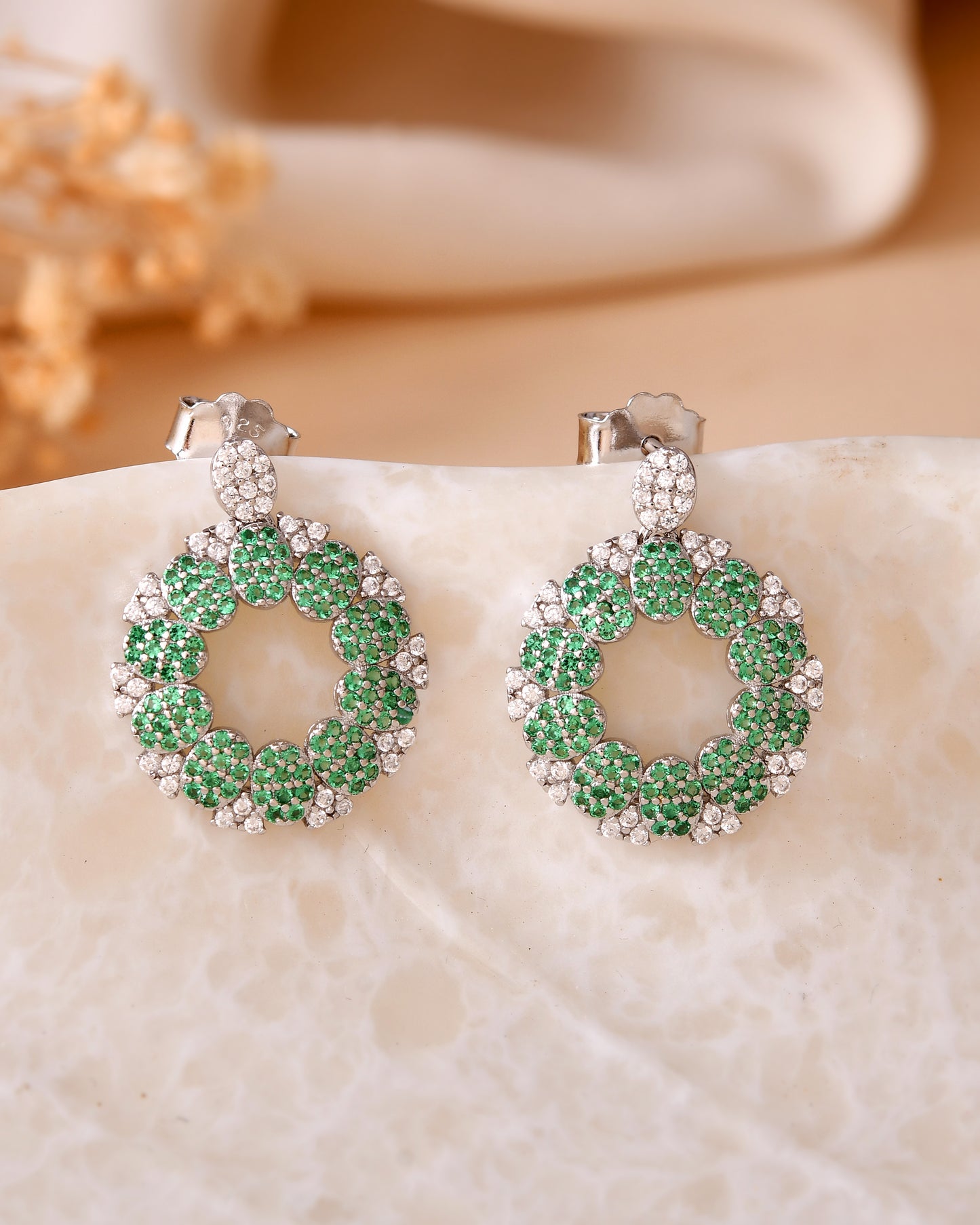 Green Glimmer Silver CZ Earrings