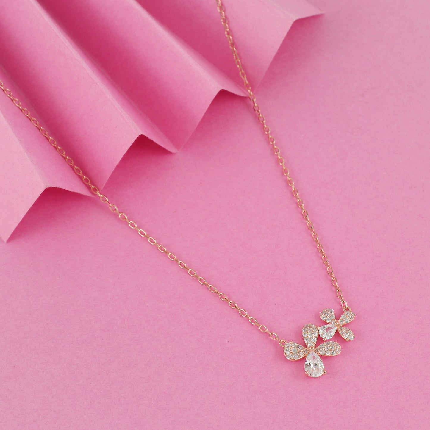 Rose Gold Plated CZ Studded Flower Chain Pendent Set