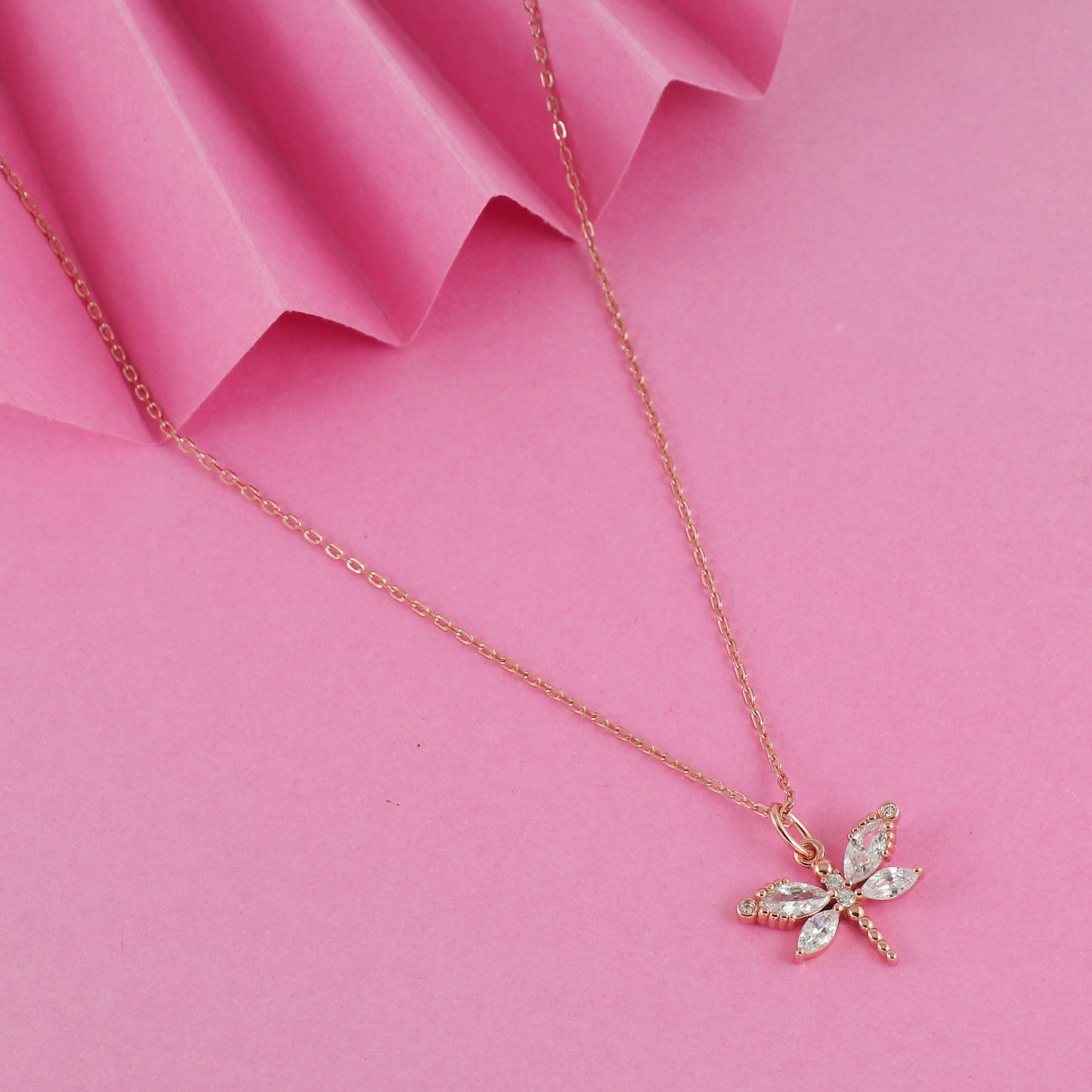 Rose Gold Plated Dragonfly CZ Chain Pendent Set