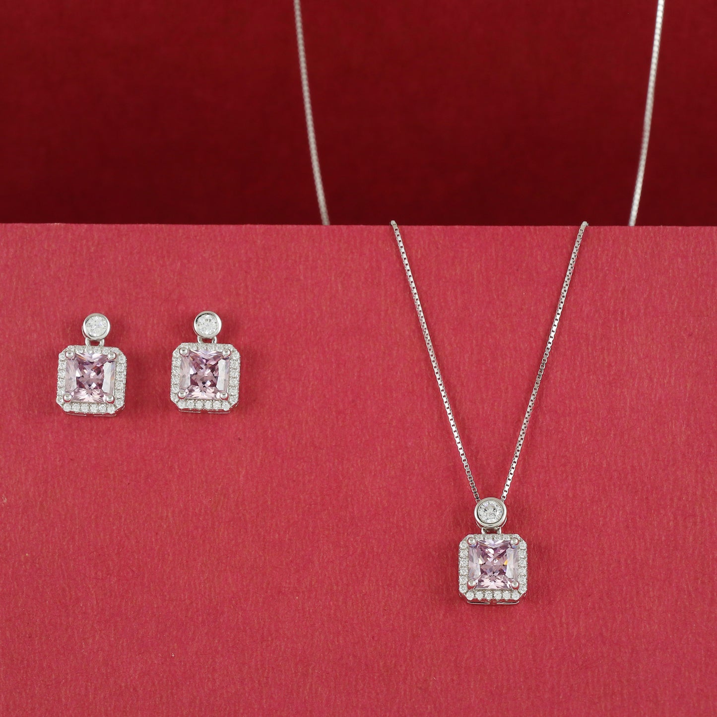 Pink Square CZ pendent Set With Earrings
