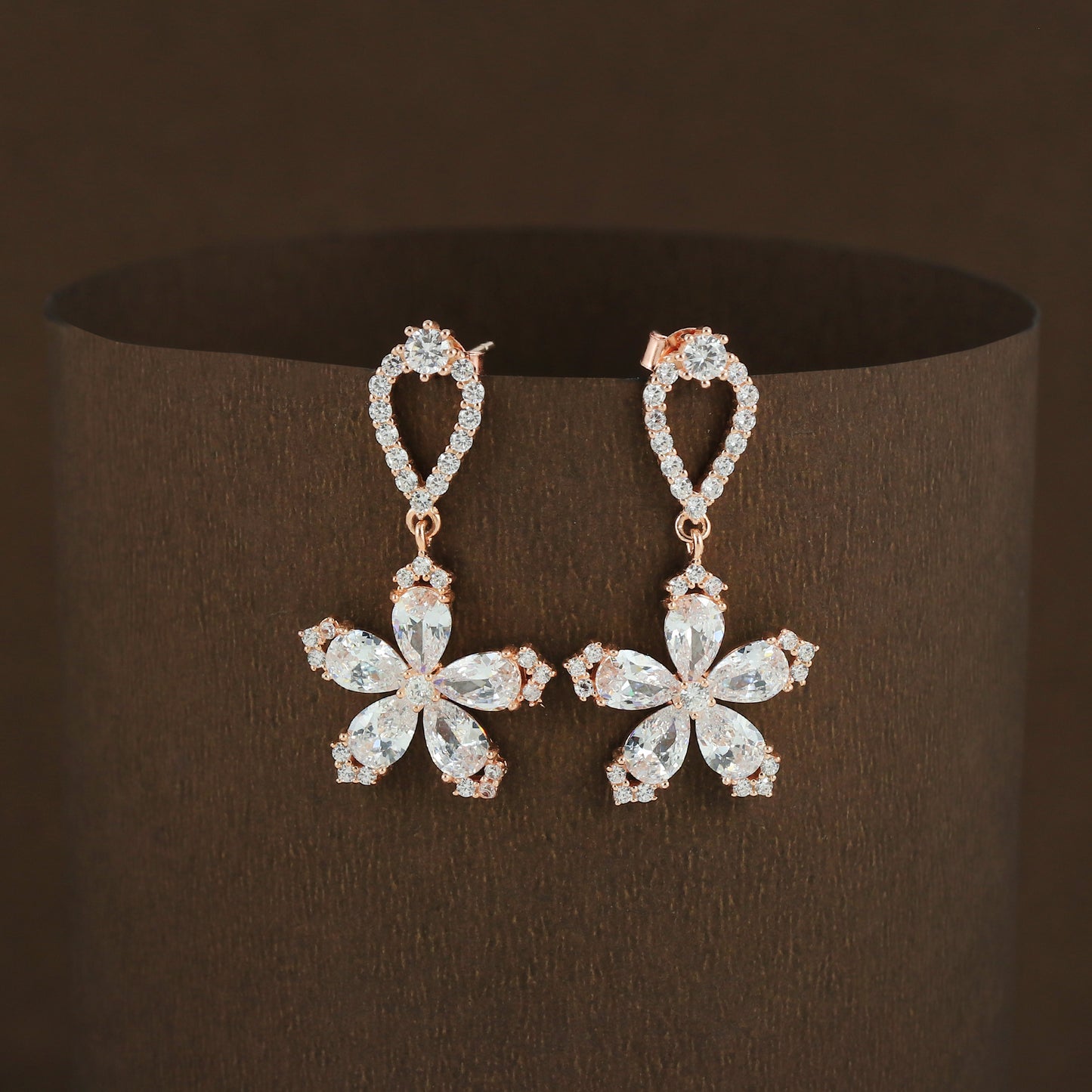 Rose Gold CZ Flower Drop Earrings
