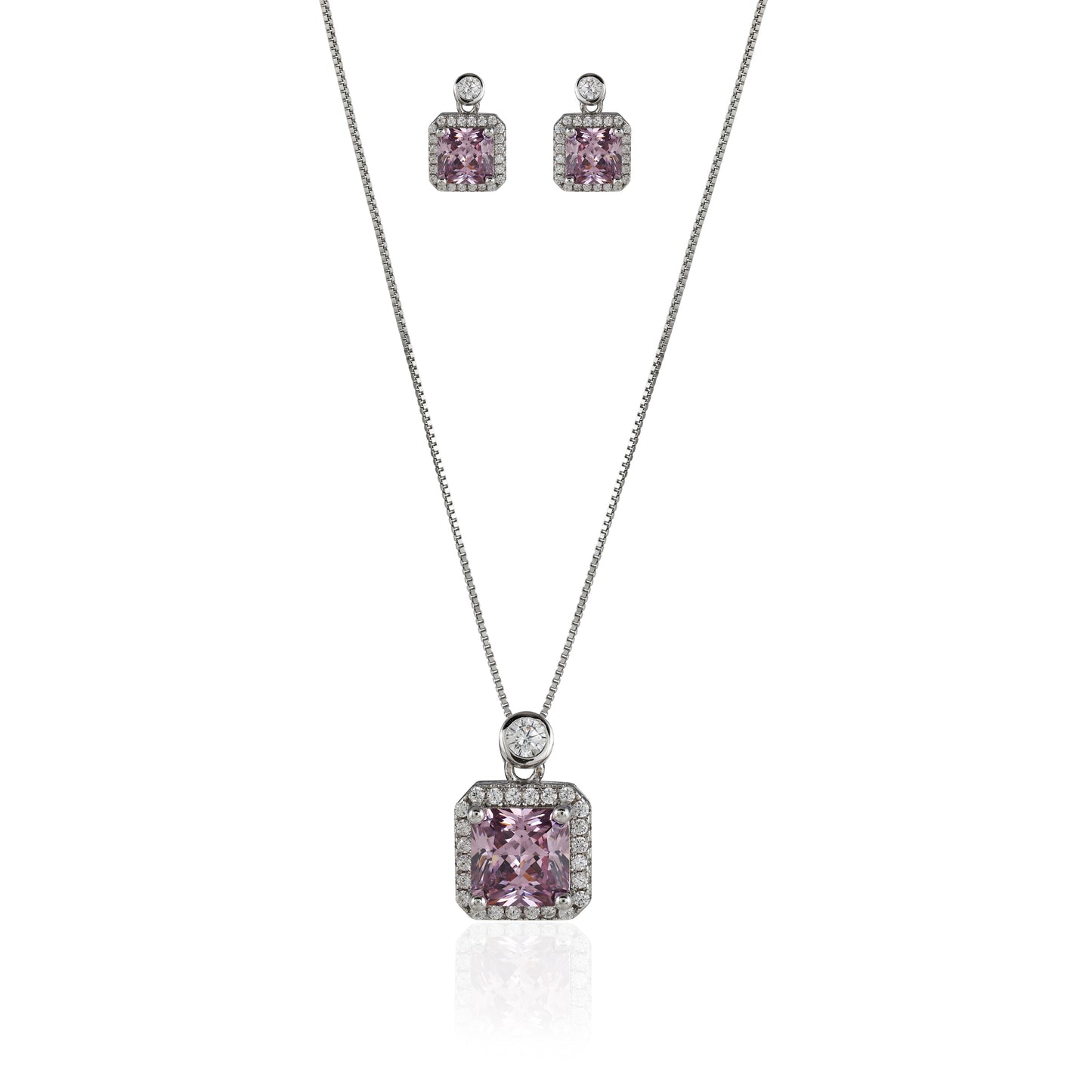 Pink Square CZ pendent Set With Earrings