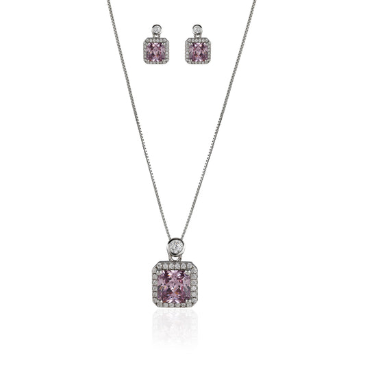 Pink Square CZ pendent Set With Earrings