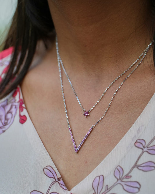 Two-Layer Pink CZ Chain Pendant Set